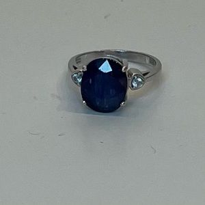 Blue Sapphire & White Zircon 4.74cts Sterling Silver Ring, size 6